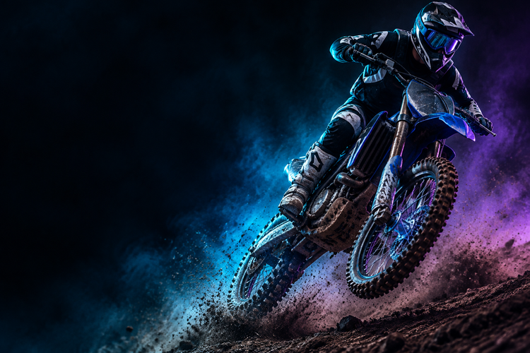 Banner Cyber Monday Intertrax: rider de motocross saltando, fondo oscuro con luces cian y violeta